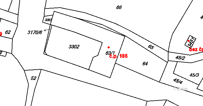 Radiměř 185 na parcele st. 63/1 v KÚ Radiměř, Katastrální mapa