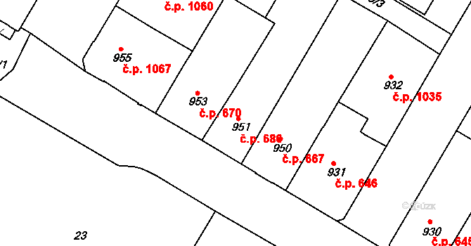 Teplice 686 na parcele st. 951 v KÚ Teplice, Katastrální mapa
