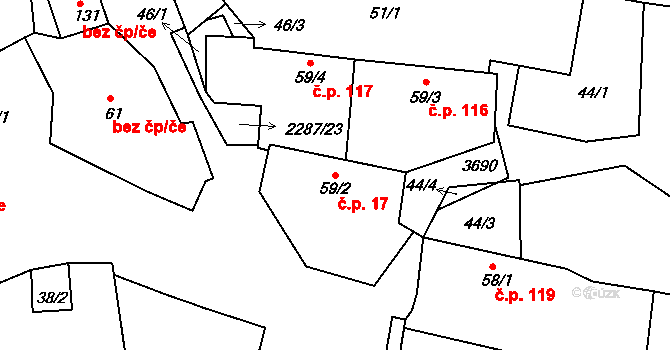 Břežany 17 na parcele st. 59/2 v KÚ Břežany, Katastrální mapa