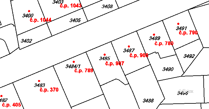 Smíchov 907, Praha na parcele st. 3485 v KÚ Smíchov, Katastrální mapa