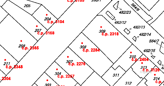 Chomutov 2284 na parcele st. 308 v KÚ Chomutov II, Katastrální mapa