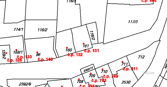 Rosice 131 na parcele st. 161 v KÚ Rosice u Brna, Katastrální mapa