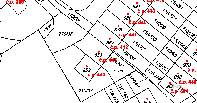Dolní Jirčany 443, Psáry na parcele st. 853 v KÚ Dolní Jirčany, Katastrální mapa