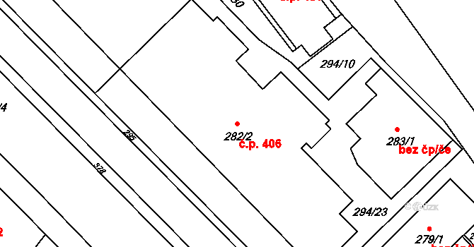 Fryšták 406 na parcele st. 282/2 v KÚ Fryšták, Katastrální mapa