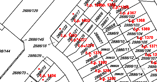 Kyje 1378, Praha na parcele st. 2886/125 v KÚ Kyje, Katastrální mapa