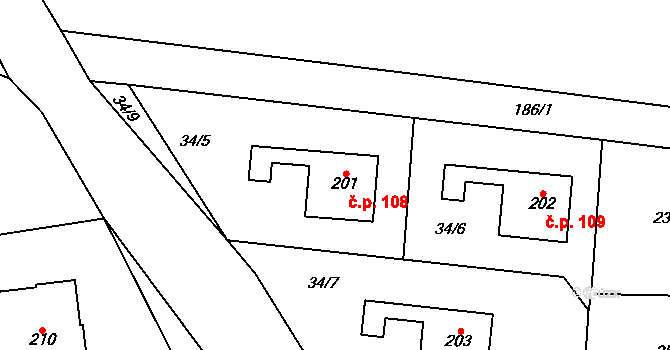 Kropáčova Vrutice 108 na parcele st. 201 v KÚ Kropáčova Vrutice, Katastrální mapa