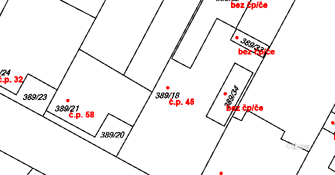 Lažínky 45, Moravské Budějovice na parcele st. 389/18 v KÚ Lažínky, Katastrální mapa