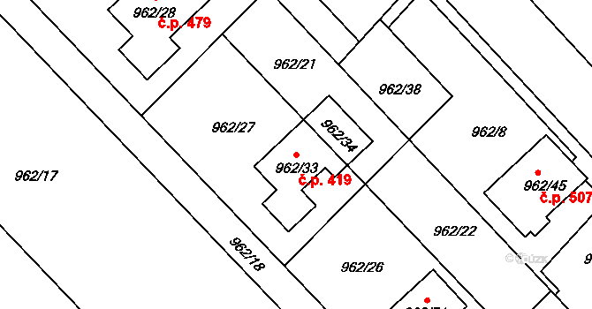 Křelov 419, Křelov-Břuchotín na parcele st. 962/33 v KÚ Křelov, Katastrální mapa