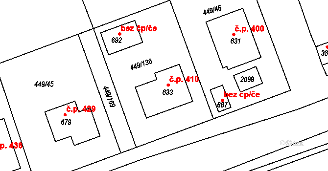 Merklín 410 na parcele st. 633 v KÚ Merklín u Přeštic, Katastrální mapa