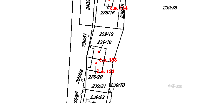 Tušimice 133, Kadaň na parcele st. 239/18 v KÚ Tušimice, Katastrální mapa