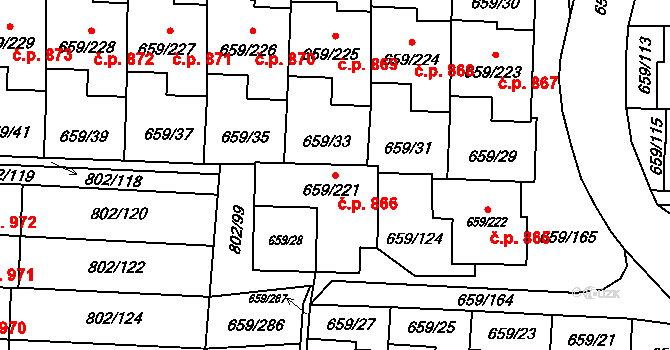 Svinov 866, Ostrava na parcele st. 659/221 v KÚ Svinov, Katastrální mapa