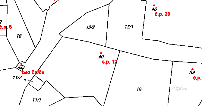Blehov 12, Zhoř na parcele st. 40 v KÚ Blehov, Katastrální mapa
