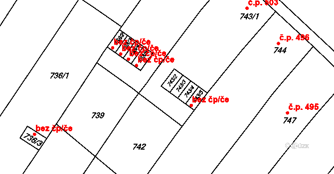 Brno 43616097 na parcele st. 743/2 v KÚ Město Brno, Katastrální mapa