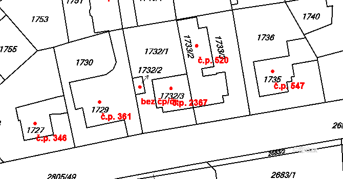 Chodov 2367, Praha na parcele st. 1732/3 v KÚ Chodov, Katastrální mapa