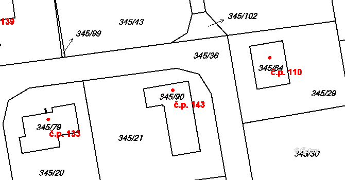 Trubín 143 na parcele st. 345/90 v KÚ Trubín, Katastrální mapa