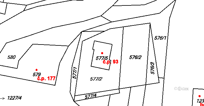 Žulová 93 na parcele st. 577/5 v KÚ Žulová, Katastrální mapa