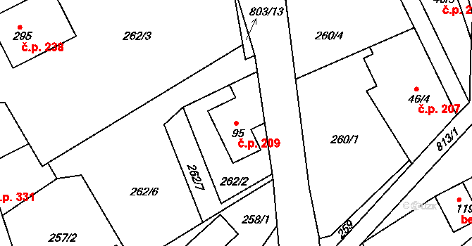 Brunšov 209, Hradištko na parcele st. 95 v KÚ Hradištko pod Medníkem, Katastrální mapa