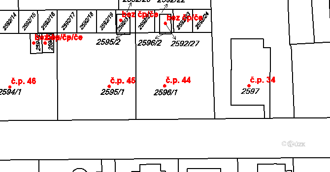 Cihelny 44, Jaroměř na parcele st. 2596/1 v KÚ Jaroměř, Katastrální mapa