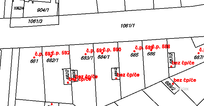Svítkov 590, Pardubice na parcele st. 684/1 v KÚ Svítkov, Katastrální mapa