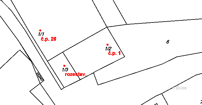 Bukovice 1 na parcele st. 1/2 v KÚ Bukovice u Rohozce, Katastrální mapa