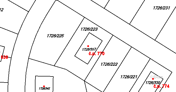 Hrušovany u Brna 770 na parcele st. 1726/357 v KÚ Hrušovany u Brna, Katastrální mapa