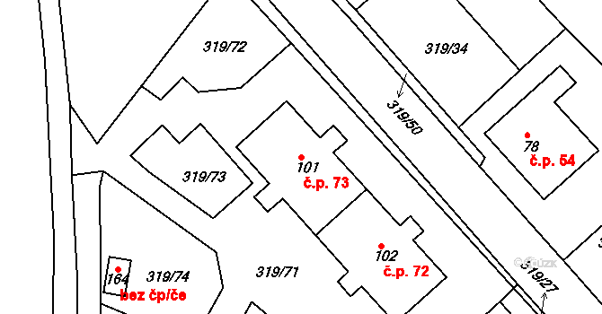 Dubice 73, Řehlovice na parcele st. 101 v KÚ Dubice nad Labem, Katastrální mapa