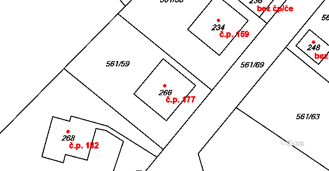 Lužice 177 na parcele st. 266 v KÚ Lužice u Mostu, Katastrální mapa