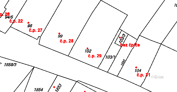 Popice 29, Znojmo na parcele st. 102 v KÚ Popice u Znojma, Katastrální mapa
