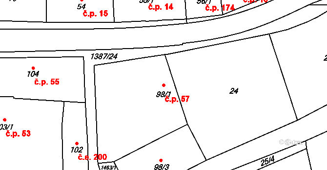 Vranov nad Dyjí 57 na parcele st. 98/1 v KÚ Vranov nad Dyjí, Katastrální mapa