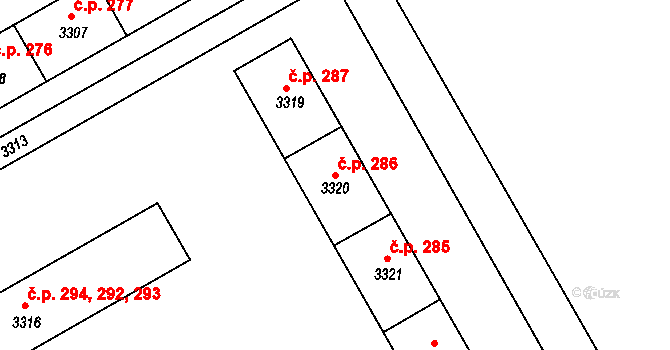 Lyžbice 286, Třinec na parcele st. 3320 v KÚ Lyžbice, Katastrální mapa