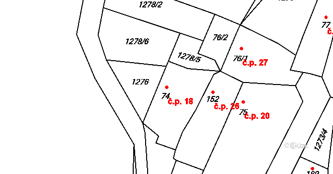 Růžkovy Lhotice 18, Čechtice na parcele st. 74 v KÚ Černičí, Katastrální mapa