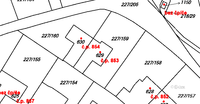 Švermov 853, Kladno na parcele st. 629 v KÚ Hnidousy, Katastrální mapa