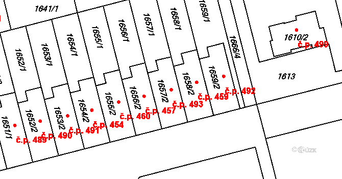 Velký Týnec 493 na parcele st. 1657/2 v KÚ Velký Týnec, Katastrální mapa