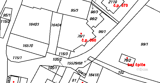 Hovězí 560 na parcele st. 76/1 v KÚ Hovězí, Katastrální mapa