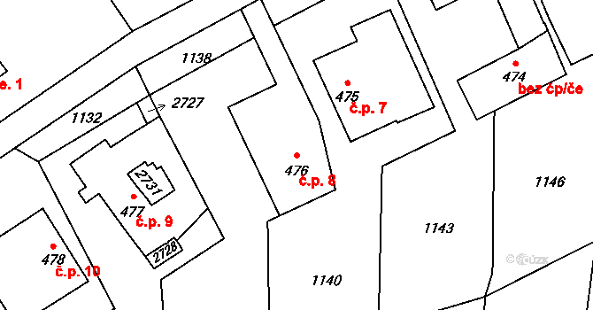 Václavky 8, Dolní Újezd na parcele st. 476 v KÚ Dolní Újezd u Litomyšle, Katastrální mapa