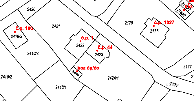 Děčín XXII-Václavov 44, Děčín na parcele st. 2423 v KÚ Podmokly, Katastrální mapa