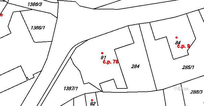 Kvasiny 78 na parcele st. 91 v KÚ Kvasiny, Katastrální mapa