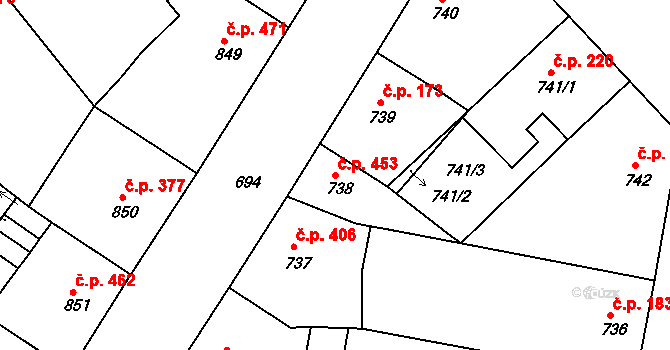 Žižkov 453, Praha na parcele st. 738 v KÚ Žižkov, Katastrální mapa