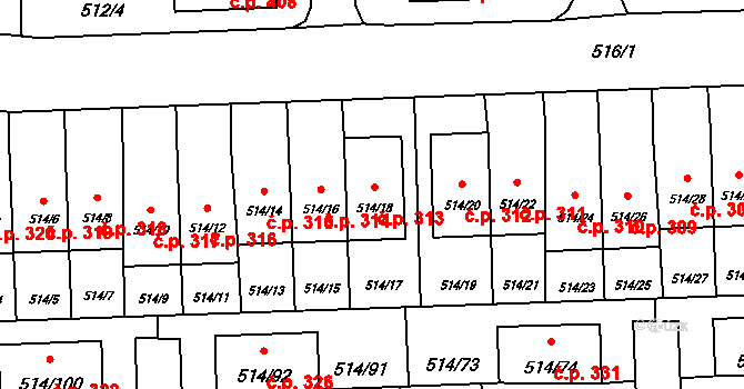 Háje 313, Praha na parcele st. 514/18 v KÚ Háje, Katastrální mapa