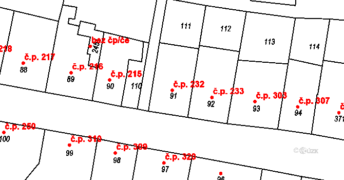Příbram VI-Březové Hory 232, Příbram na parcele st. 91 v KÚ Březové Hory, Katastrální mapa