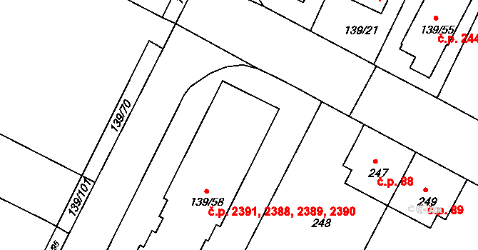 České Budějovice 3 2388,2389,2390,2391, České Budějovice na parcele st. 139/58 v KÚ České Budějovice 3, Katastrální mapa