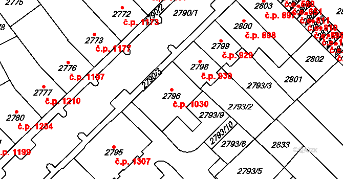Chomutov 1030 na parcele st. 2796 v KÚ Chomutov I, Katastrální mapa