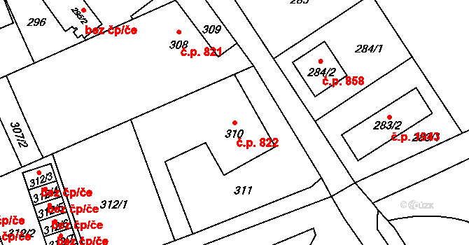 Fryštát 822, Karviná na parcele st. 310 v KÚ Karviná-město, Katastrální mapa