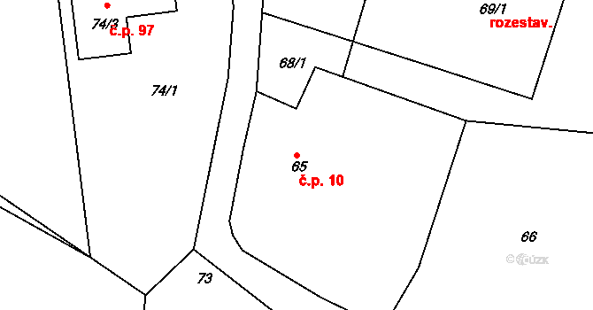 Hvozdec 10 na parcele st. 65 v KÚ Hvozdec u Veverské Bítýšky, Katastrální mapa
