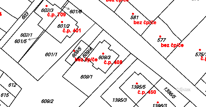 Troubsko 408 na parcele st. 609/3 v KÚ Troubsko, Katastrální mapa