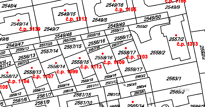 Komín 1109, Brno na parcele st. 2558/16 v KÚ Komín, Katastrální mapa