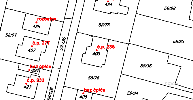Malšova Lhota 235, Hradec Králové na parcele st. 403 v KÚ Malšova Lhota, Katastrální mapa