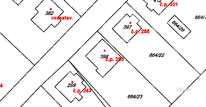 Bohdalov 283 na parcele st. 398 v KÚ Bohdalov, Katastrální mapa