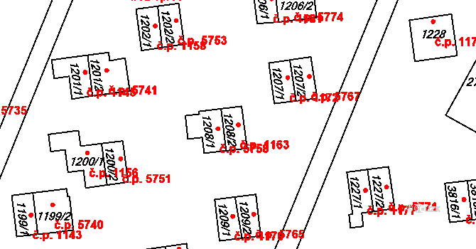 Zlín 1163 na parcele st. 1208/2 v KÚ Zlín, Katastrální mapa