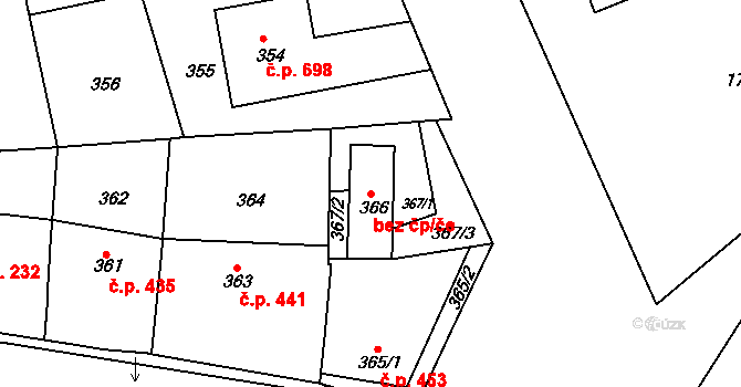 Buchlovice 47264098 na parcele st. 366 v KÚ Buchlovice, Katastrální mapa